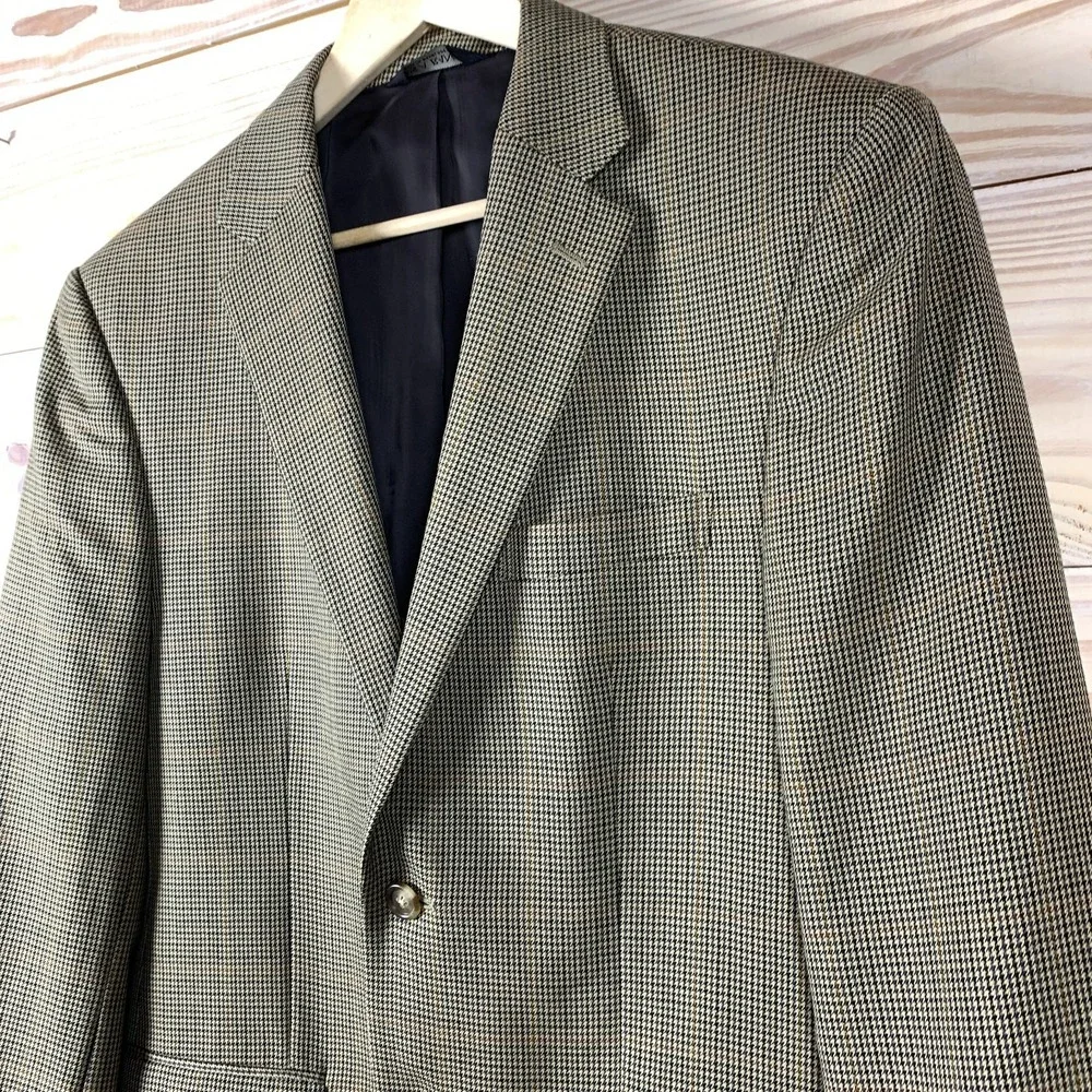 JoS A Bank Travelers‎ Blazer Men 41R 100% Wool Houndstooth Plaid Tan Sports Coat